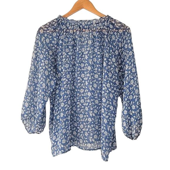 AAKAA Blue White Sheer Floral V-neck Blouse size L Loose Fitting Flowy Tassels - Picture 7 of 13